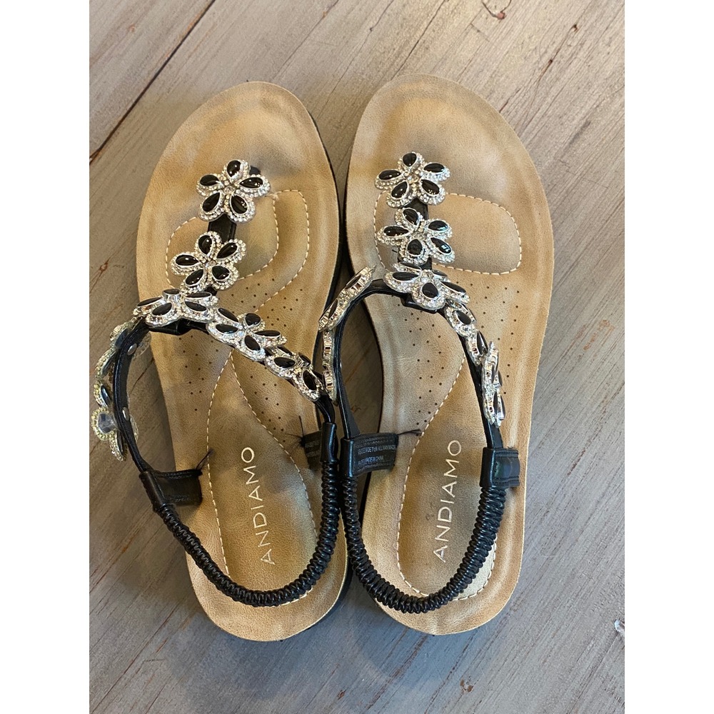 Andiamo Womens Black Rhinestone Floral T-Strap Slingback Sandals Size 7.5 Wide
